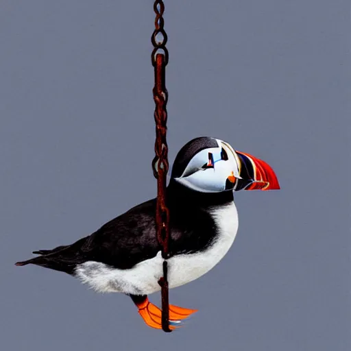 Prompt: realistic puffin sitting on a big swing, hyper detailed, trending on artstation