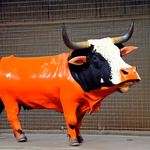 Prompt: bull in a bullring wearing orange inmate clothes