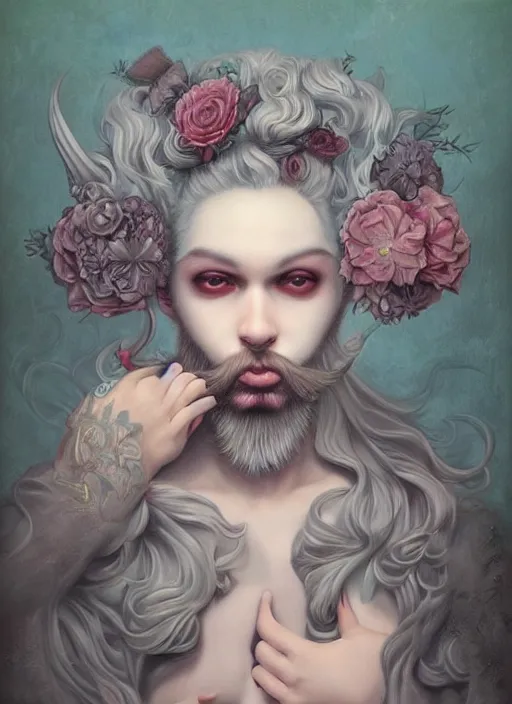 Prompt: pop surrealism, lowbrow art, realistic cute man with beard painting, japanese street fashion, hyper realism, muted colours, rococo, natalie shau, loreta lux, tom bagshaw, mark ryden, trevor brown style,