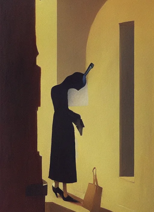 Image similar to woman with a paper bag over the head and a sward melted with social media phone Edward Hopper and James Gilleard, Zdzislaw Beksinski, Steven Outram highly detailed