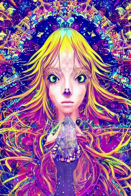 Image similar to acid trip, hall of mirrors, intricate, highly detailed, anime, 4k, a beautiful seductive deer woman holding a crystal containing the universe, with professional makeup, long trippy hair, surrounded by gems, underneath the stars, trending on patreon, deviantart, twitter, artstation, volumetric lighting, heavy contrast, by artgerm and Ilya Kuvshinov and alphonse mucha