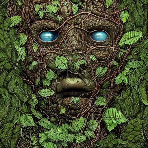 Image similar to 'straggled humanoid amalgamation of leaves and plants, face made of vines, swamp thing, detailed portrait, intricate complexity, Dan Mumford, quixel megascan' H 768