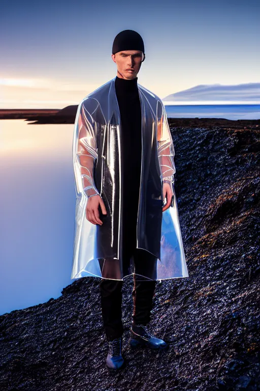 Image similar to an ultra high definition professional high fashion portrait studio full length photograph of a male model wearing a transparent pearlescent raincoat and neon visor in an icelandic black rock environment at dawn. no artefacts. extremely detailed. stark. refraction. shallow depth of field. volumetric light and shadow. ray tracing. light rays.