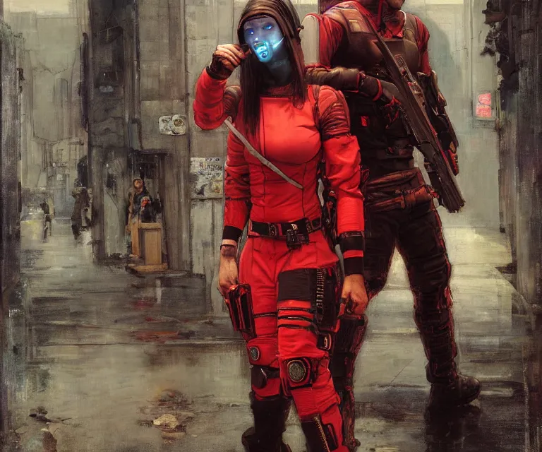 Image similar to Sara evades sgt Griggs. Cyberpunk hacker in red escaping Menacing Cyberpunk police trooper wearing a combat vest. (dystopian, police state, Cyberpunk 2077, bladerunner 2049). Iranian orientalist portrait by john william waterhouse and Edwin Longsden Long and Theodore Ralli and Nasreddine Dinet, oil on canvas. Cinematic, vivid colors, hyper realism, realistic proportions, dramatic lighting, high detail 4k