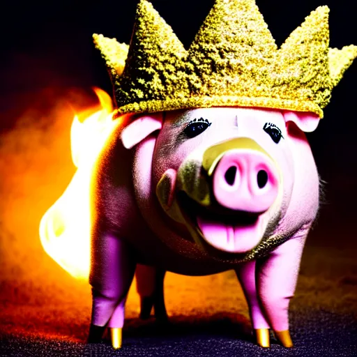 Image similar to !dream studio photograph of a pig wearing a gold crown depicted as a muppet running on fire