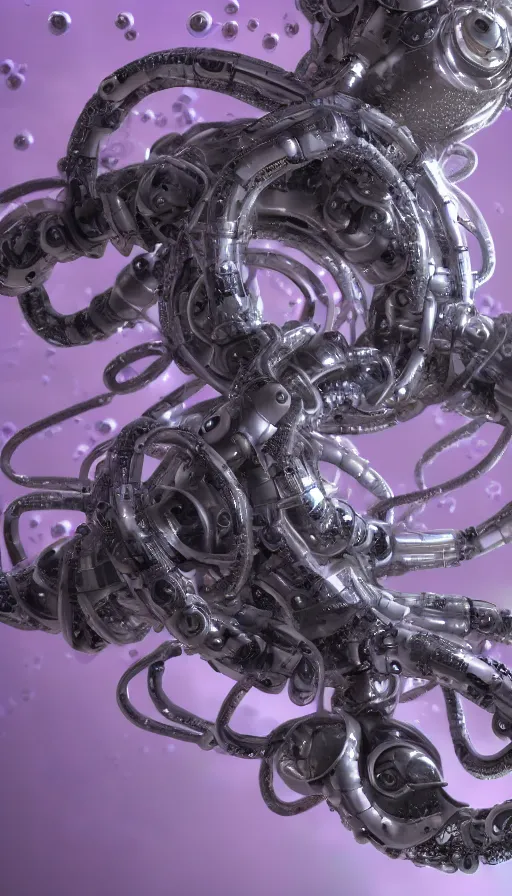 Image similar to a single bio mechanical tentacle, robotic but also organic, made up of lots of small parts, wet, shiny, horror, clinical, cyberpunk, vaporwave, futuristic, octane render, 8k, hyper realistic, super detailed