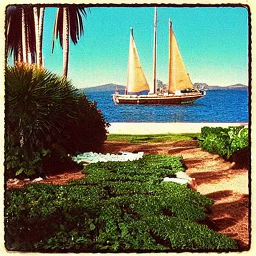 Image similar to “A photo of a beach and a french garden in 1993, tarot-like landscape it's lit by the camera flash. Surreal Greek architecture, mason, occult tarot symbols. Far away sail boat at the ocean”