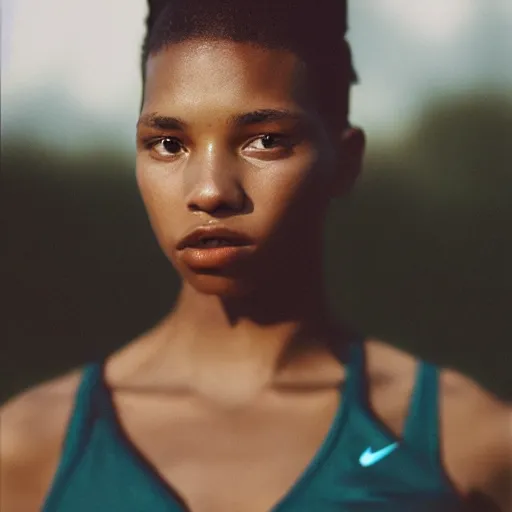 Image similar to realistic photoshoot for a new nike lookbook, color film photography, portrait of a beautiful woman in style of tyler Mitchell, 35mm, graflex