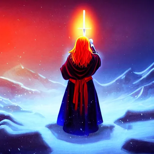 Image similar to red headed woman dressed in dark blue wizard robes holding a wooden staff covered in glowing red runes topped with a glowing gem. background of snowy mountains. fantasy painting.