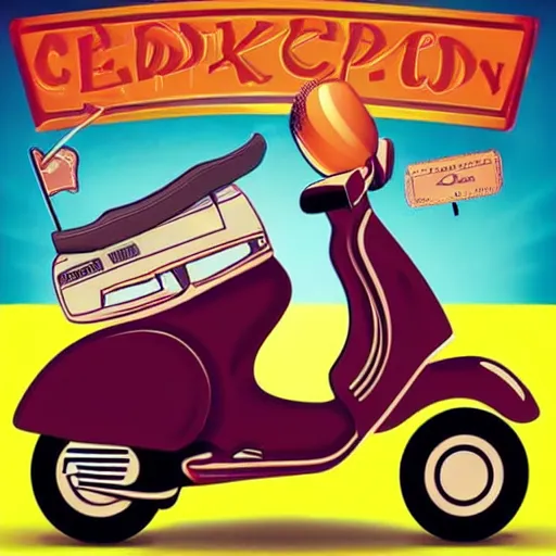 Prompt: a drunk man on a Vespa CGI 90s comedy album cover. Christian Vespa pop album cover.