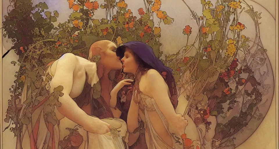 Prompt: the two complementary forces that make up all aspects and phenomena of life, by Alfons Maria Mucha