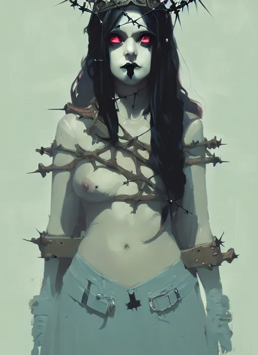 Image similar to portrait of cute goth maiden girl with crown of thorns, warhammer, cyberpunk, by atey ghailan, by greg rutkowski, by greg tocchini, by james gilleard, by joe fenton, by kaethe butcher, dynamic lighting, gradient light blue, brown, blonde cream and white color in scheme, grunge aesthetic