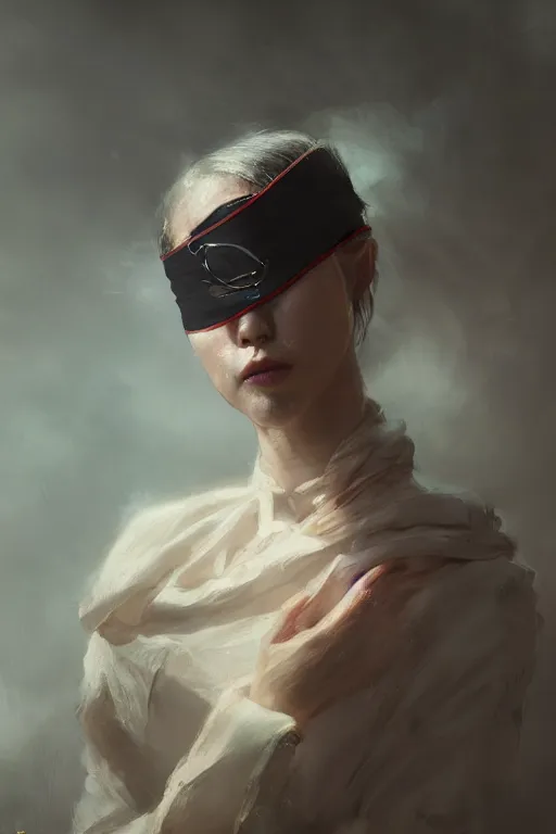 Image similar to a fancy portrait of a blindfolded women by greg rutkowski, sung choi, mitchell mohrhauser, maciej kuciara, johnson ting, maxim verehin, peter konig, 8 k photorealistic, cinematic lighting, hd, high details, dramatic, atmosphereric, trending on artstation