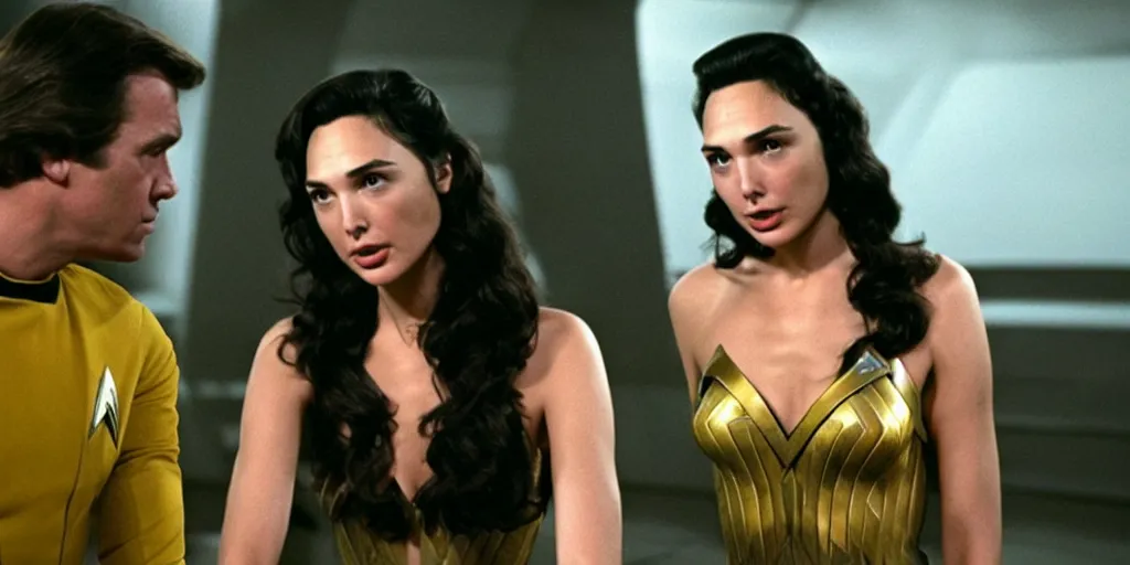 Image similar to Gal Gadot in the role of Captain Kirk in a scene from Star Trek the original series