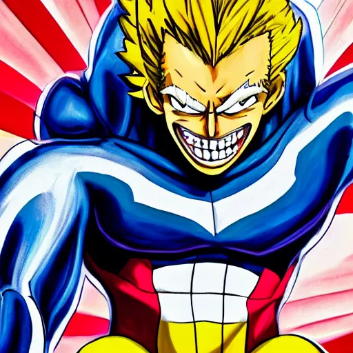 Image similar to an oil painting of a all might from my hero academia by artgerm, hero costume, middle ages, hd, hdr, ue 5, ue 6, unreal engine 5, third dimensional, 3 d, disney quality cinematic 4 k wallpaper, 8 k, ultra detailed, gta 5 cover art, comic book black shading, high resolution, artstation, award winning