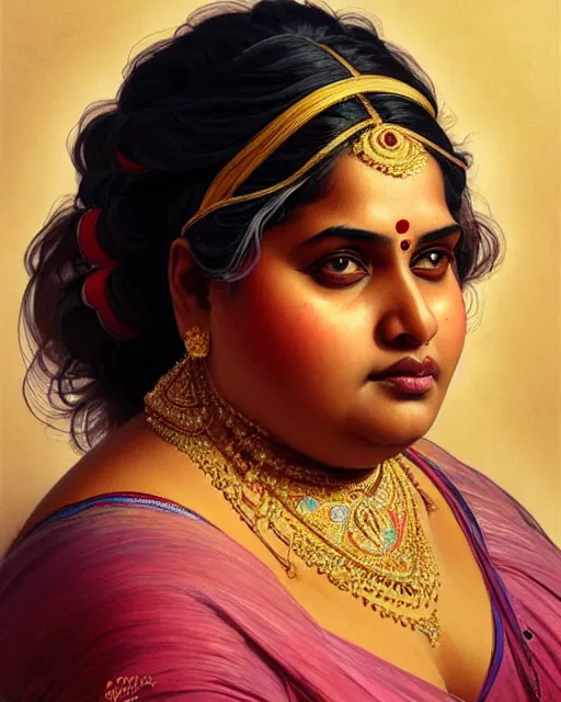 Image similar to Portrait of very very very very obese indian woman, real life skin, intricate, elegant, highly detailed, artstation, concept art, smooth, sharp focus, art by artgerm and greg rutkowski and alphonse mucha