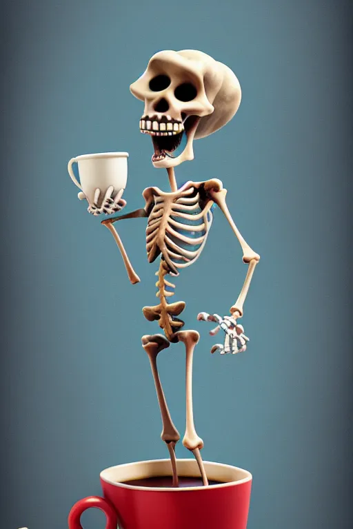 Image similar to a funny skeleton character holding a cup of coffee on a cemetery. pixar disney 4 k 3 d render funny animation movie oscar winning trending on artstation and behance. ratatouille style.