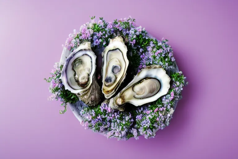 Prompt: a romantic dlsr photoportrait of an oyster in the field of flowers. pastel colors, blurred background. sharp focus on the oyster, 5 0 mm lens, professional light, aerial shot from the drone