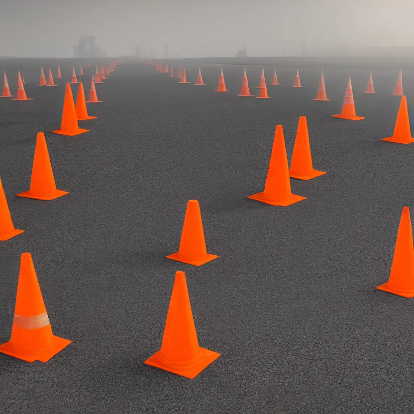 Image similar to endless concrete ground fading into the horizon with traffic cones and barriers placed around, cinematic lighting, volumetric lighting, award winning photography, highly detailed, intricate, sharp focus, 4 k wallpaper, unreal engine, 9 0 mm, f / 1. 4