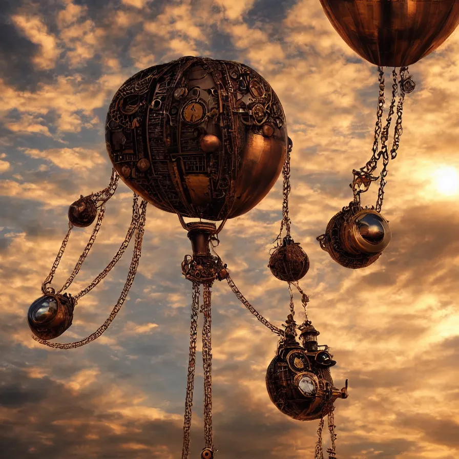 Image similar to beautiful steampunk blimps high in the sky, copper chains hanging from the edges, golden hour, steam clouds, clouds, valves, award winning photography, highly detailed, low poly, extremely wide angle