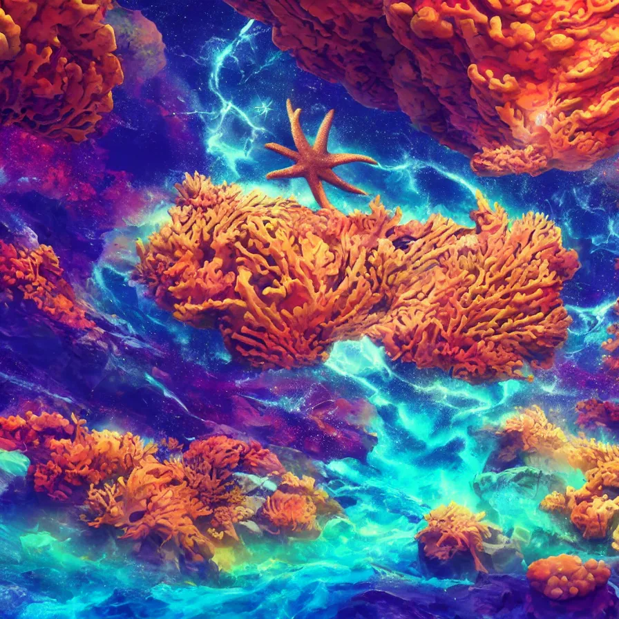 Prompt: album art, anime visuals, of an alien planet made out of different coloured corals, with big starfish, creatures, rocky landscape, floating waterfalls, omni magazine, beautiful space visuals