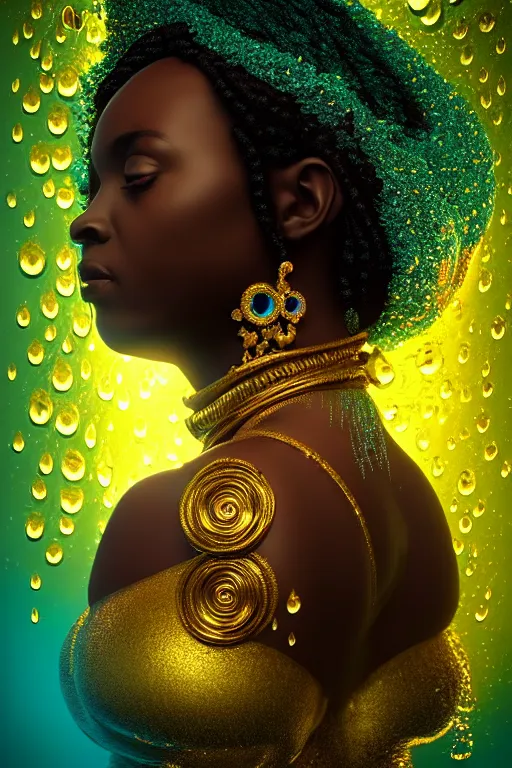 Prompt: hyperrealistic post rococo cinematic very expressive! black oshun goddess, in water up to her shoulders, mirror dripping droplets!, gold flowers, highly detailed face, digital art masterpiece, smooth eric zener cam de leon dramatic pearlescent volumetric teal light, high angle uhd 8 k, sharp focus