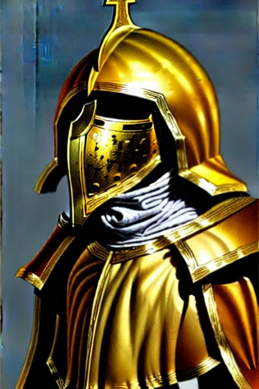 Image similar to man in decorated with gold in baroque style 15 century crusader armor, helmet hiding his face and white cape standing at the gates of jerusalem drawn by greg rutkowski realistic high detail