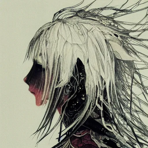 Image similar to yoshitaka amano blurred and dreamy illustration of an anime girl with bandage on the eyes, wavy white hair and cracks on her face near eyes wearing elden ring armour with the cape fluttering in the wind, abstract black and white patterns on the background, noisy film grain effect, highly detailed, renaissance oil painting, weird portrait angle