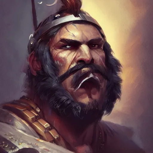 Image similar to portrait old barbarian warrior with trucker mustache and short hair, 8 k, trending on art station, by tooth wu and greg rutkowski