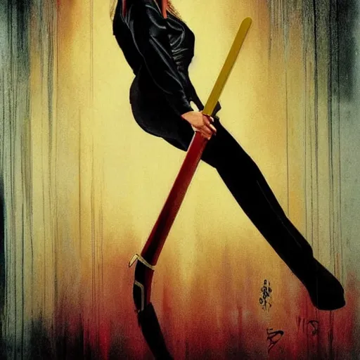 Prompt: Uma Thurman in Kill Bill (2003), full body portrait by Mad Dog Jones and Karol Bak