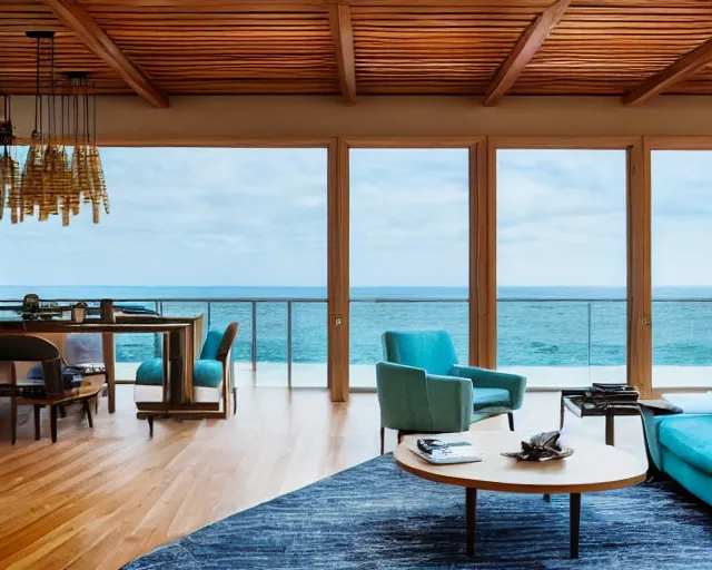 Image similar to A modern living room in a ocean hues style, inspired by the ocean, big Terrace overlooking the ocean, luxurious wooden coffee table, calm, relaxed style, harmony, wide angle shot, 8k resolution