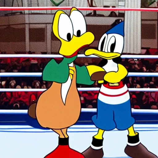 Image similar to Dolan duk and Donald Duck having a boxing match