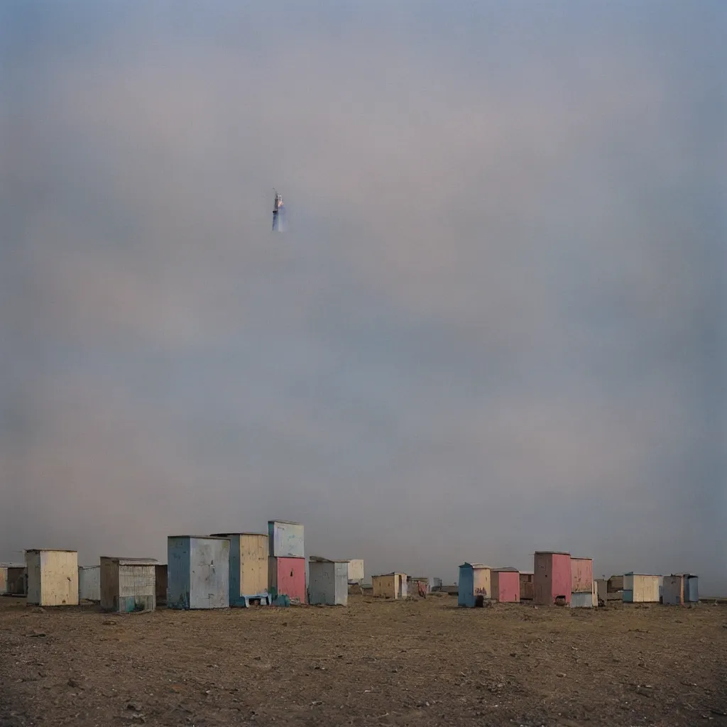 Image similar to towers made up of makeshift squatter shacks with pastel colours, plain uniform sky at the back, misty, mamiya rb 6 7, ultra sharp, very detailed, photographed by alejandro jodorowsky