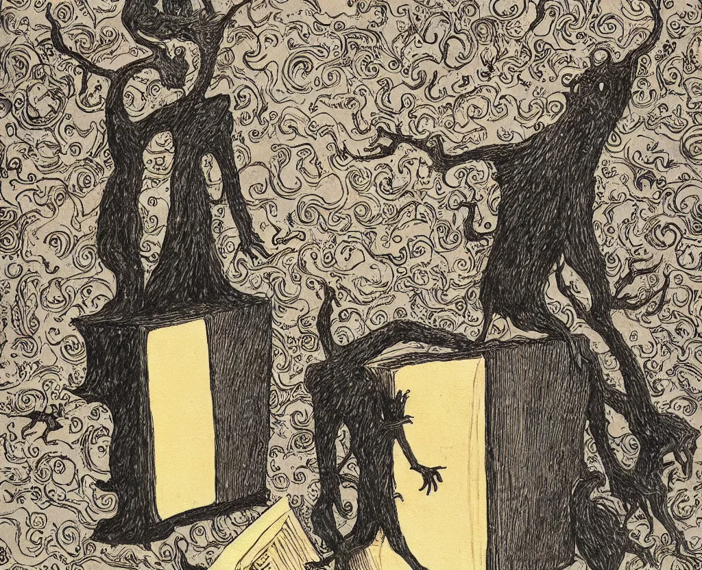 Prompt: a painting of a large book on a stand with evil vapors escaping from it, in the style of edward gorey