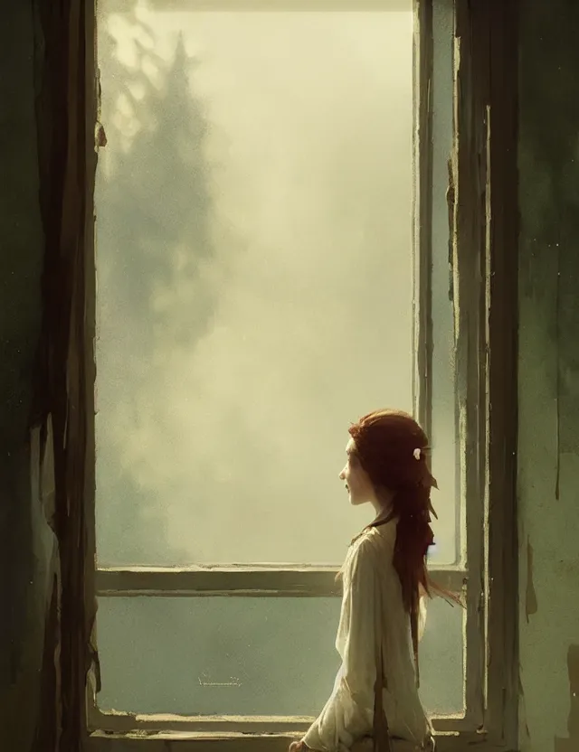 Image similar to the girl at the window, her loose hair, omar ortiz, karl spitzweg, ismail inceoglu, dragan bibin, hans toma, greg rutkowski, wayne forrest, krzysztof lukashevich, perfect face, fine details, centered, rule of thirds, photorealistic shading