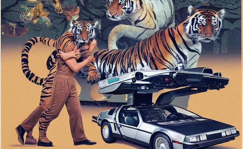 Prompt: a delorean and a tiger, art by hsiao - ron cheng and utagawa kunisada, magazine collage, # e 5 3 7 1 b, # e 4 e 6 2 0, # de 9 5 f 0,