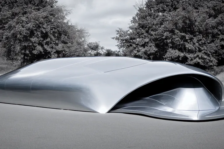 Image similar to A professional garage photograph of a futuristic space ship made of a slick metallic substance.