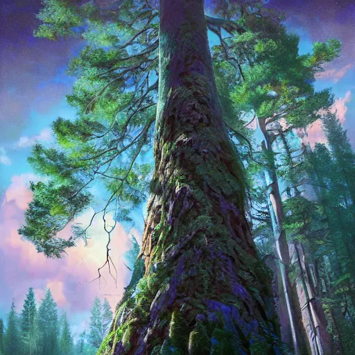 Image similar to solace, peaceful clouds, beautiful, old growth pine trees in a utopic spiritual city with temples, overlaid sacred geometry, with implied lines, gradient of purple and blue, mystical realistic poster with shaded lighting by craig mallismo, artgerm, jeremy lipkin and michael garmash, radiant light, detailed and complex environment