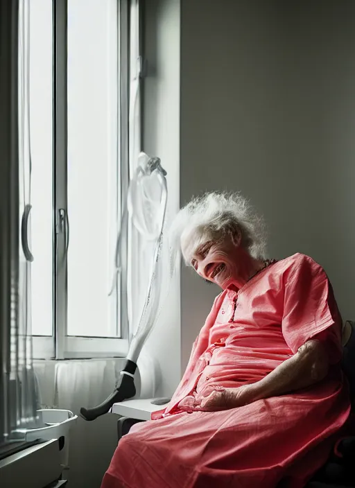 Image similar to medium shot, photo of a beautiful old woman hospital patient sitting in a norwegian hospital room with an iv drip, wearing a hospital gown, looking out window, smiling gently. studio lighting, beautiful lighting, calming, by charlie waite, max rive, caroline foster.
