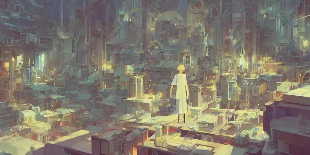 Image similar to god's workshop, detailed, potions, scrolls, arcane books, different organs of the human body, mechanisms for building bionic robots, james gilleard, atey ghailan, makoto shinkai, goro fujita, studio ghibli, rim light, exquisite lighting, clear focus, very consistent, plain background, soft painting