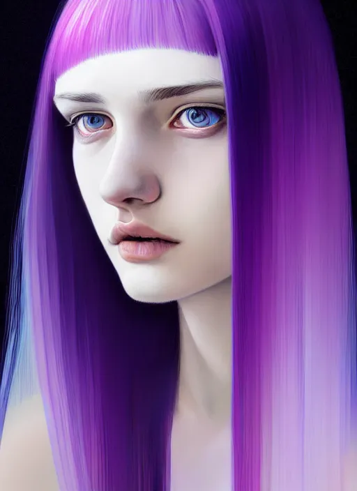 Image similar to hair whitebangs hair, black hair, whitebangs, portrait of teenage girl with white bangs, red irises, purple clothes, white bangs, bangs are different color from hair, intricate, elegant, glowing lights, highly detailed, digital painting, artstation, concept art, smooth, sharp focus, illustration, art by wlop, mars ravelo and greg rutkowski