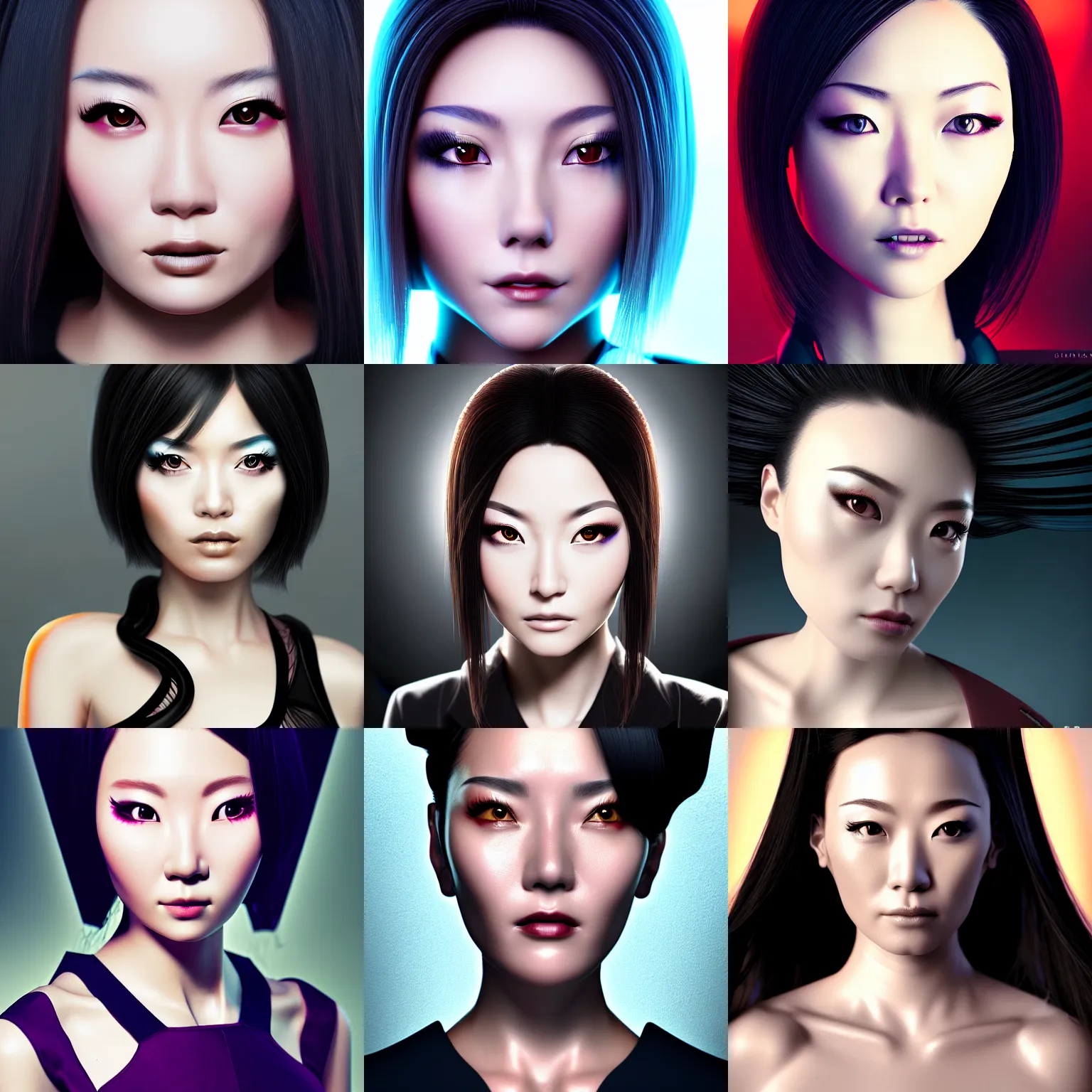 Prompt: closeup headshot portrait of a posh seductive cyberpunk woman, japanese heritage, high detail, soft studio lighting, full frontal lighting, digital photography, hyper realistic style, style of starfinder