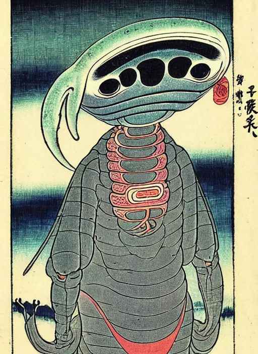 Image similar to a roswell grey alien as a yokai illustrated by kawanabe kyosai and toriyama sekien