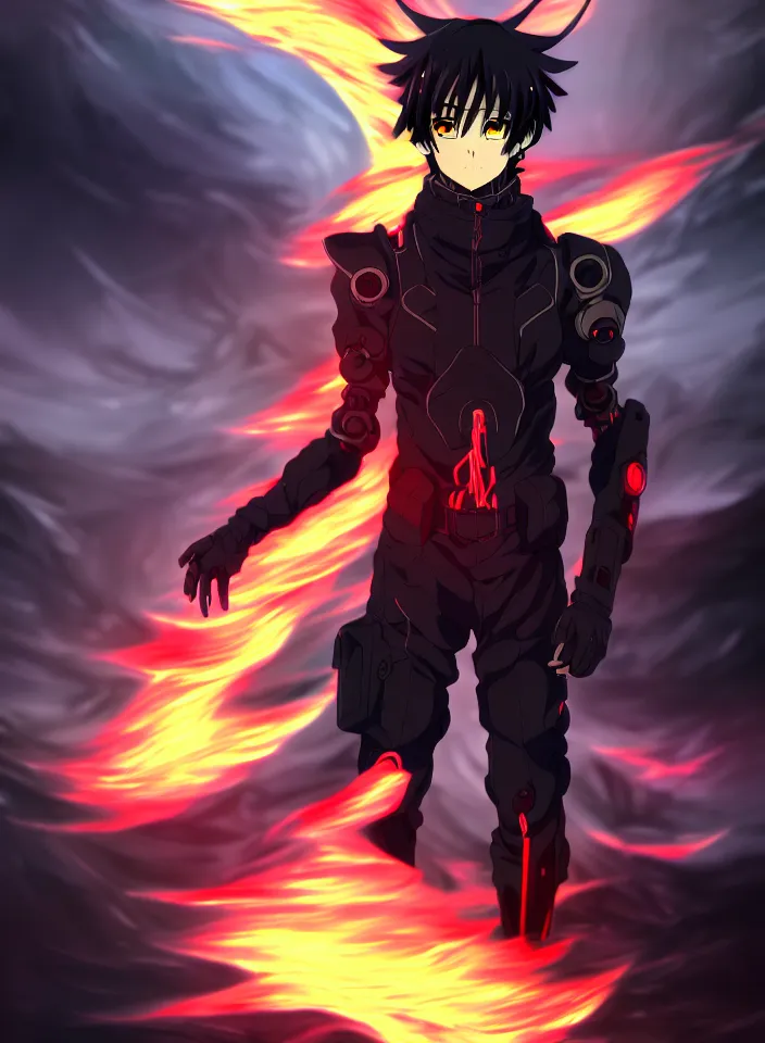 Prompt: a detailed anime character full body portrait of a dark haired cyborg handsome anime man surrounded by clouds of dark smoke and fire, trending on artstation, digital art, 4 k resolution, detailed, high quality, sharp focus, hq artwork, insane detail, concept art, character concept, character illustration, full body illustration, perfect anatomy, cinematic, volumetric lighting