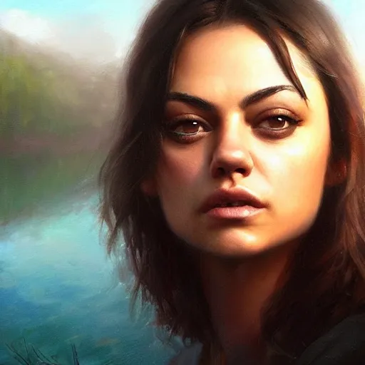 Prompt: mila kunis closeup portrait, dramatic light, lake background, 2 0 0 mm focal length, painted by stanley lau, painted by greg rutkowski, painted by stanley artgerm, digital art, trending on artstation