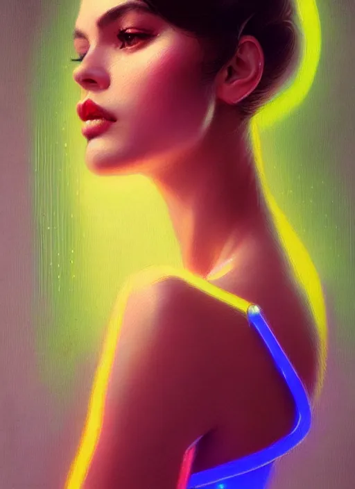 Image similar to photorealistic portrait of female humanoid, highly intricate, retro 6 0 s fashion, elegant, highly detailed, crispy quality and cyber neon light reflections, trending in artstation, trending in pinterest, glamor pose, concept art, sharp focus, art by artgerm and greg rutkowski