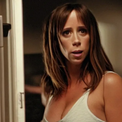 Image similar to Jennifer Love Hewitt running away from a serial killer, cinematic, movie still - W 1024