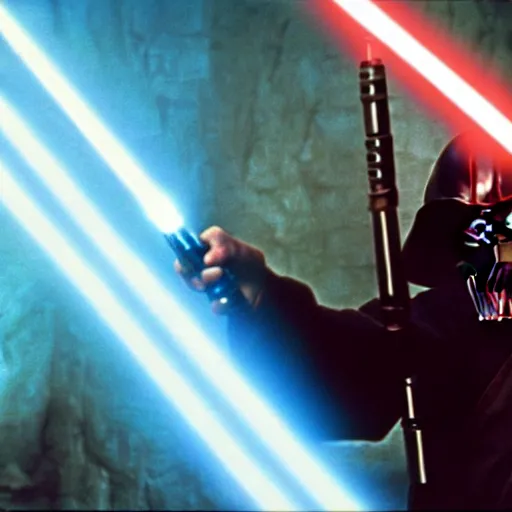 Image similar to a film still of Alec guiness as obiwan kenobi dueling darth maul in star wars 1977. medium shot. light sabers