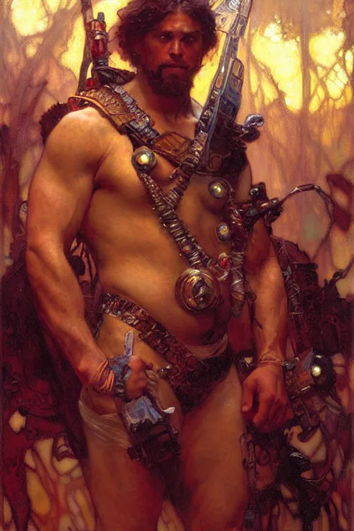 Image similar to hercules, cyberpunk, painting by gaston bussiere, craig mullins, greg rutkowski, alphonse mucha