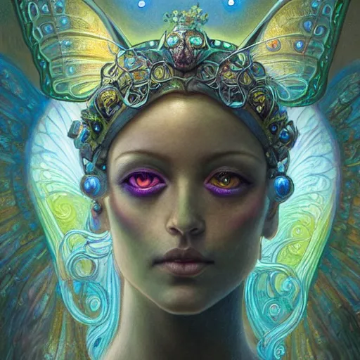 Image similar to beautiful closeup portrait of an art moderne fairy queen, glowing eyes. reflective detailed textures, moth wings, highly detailed dark fantasy science fiction painting by donato giancola and peter mohrbacher and nicholas roerich and diego rivera, elaborate geometric ornament, ancient runes, silver and cool colors. artstation